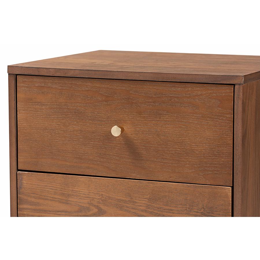 Landis Mid-Century Modern Ash Walnut Finished Wood 2-Drawer Nightstand. Picture 5