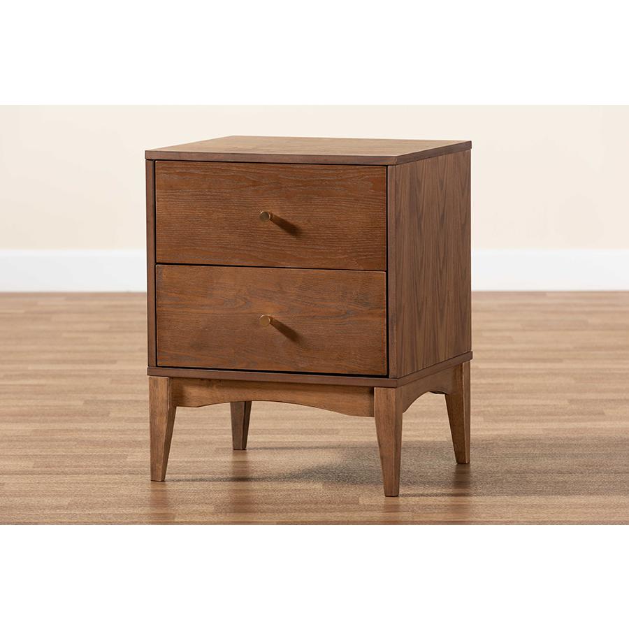 Landis Mid-Century Modern Ash Walnut Finished Wood 2-Drawer Nightstand. Picture 9