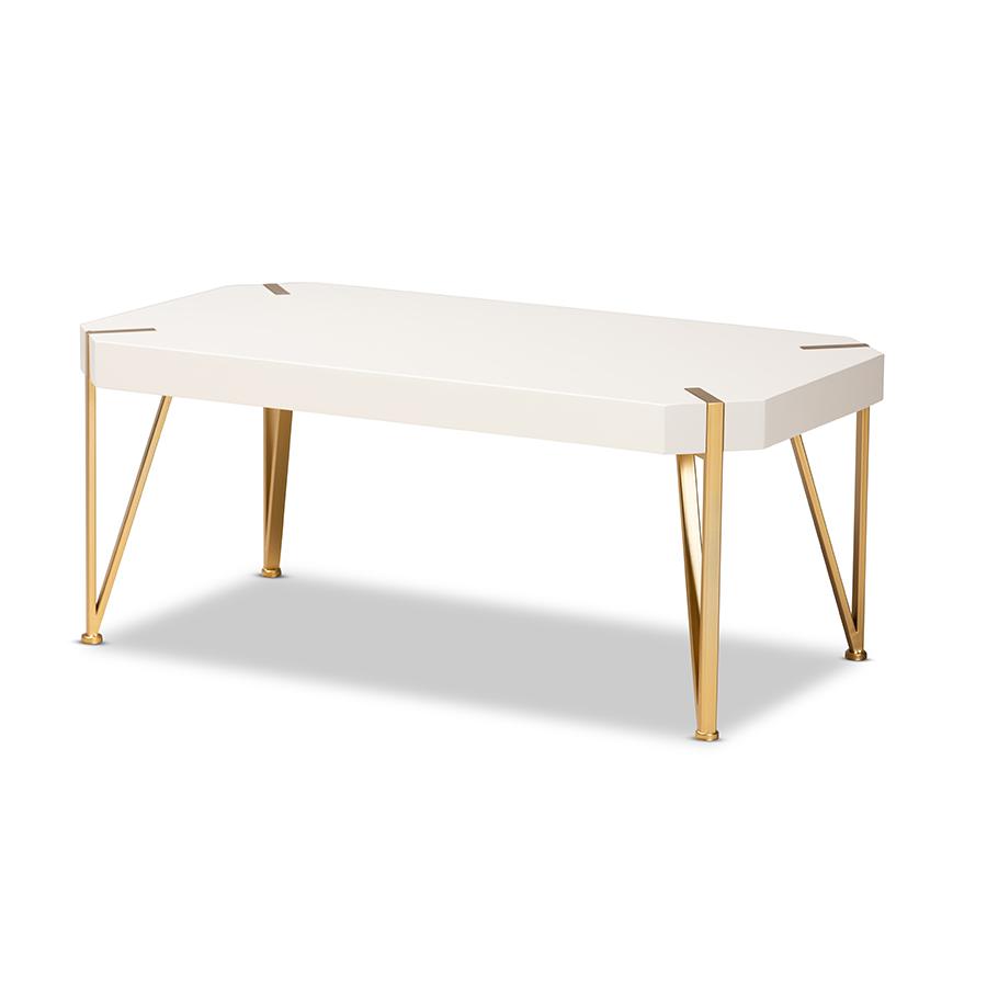Glam and Luxe Brushed Gold Metal and White Finished Wood Coffee Table. Picture 1