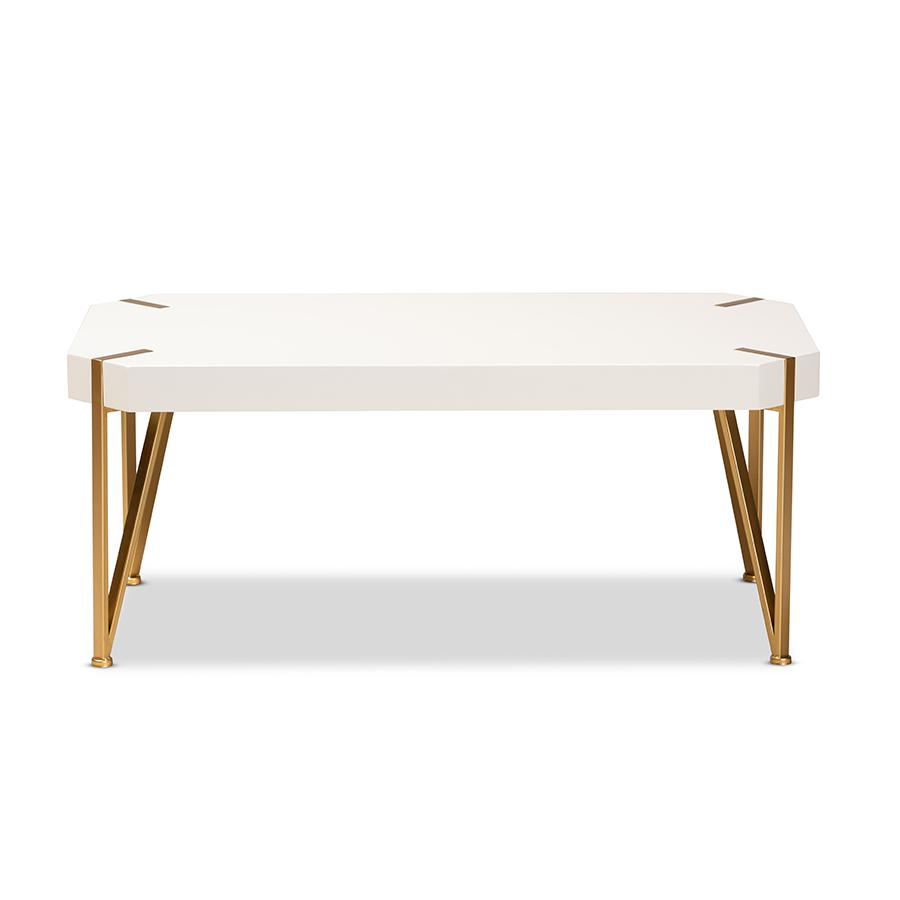 Glam and Luxe Brushed Gold Metal and White Finished Wood Coffee Table. Picture 2