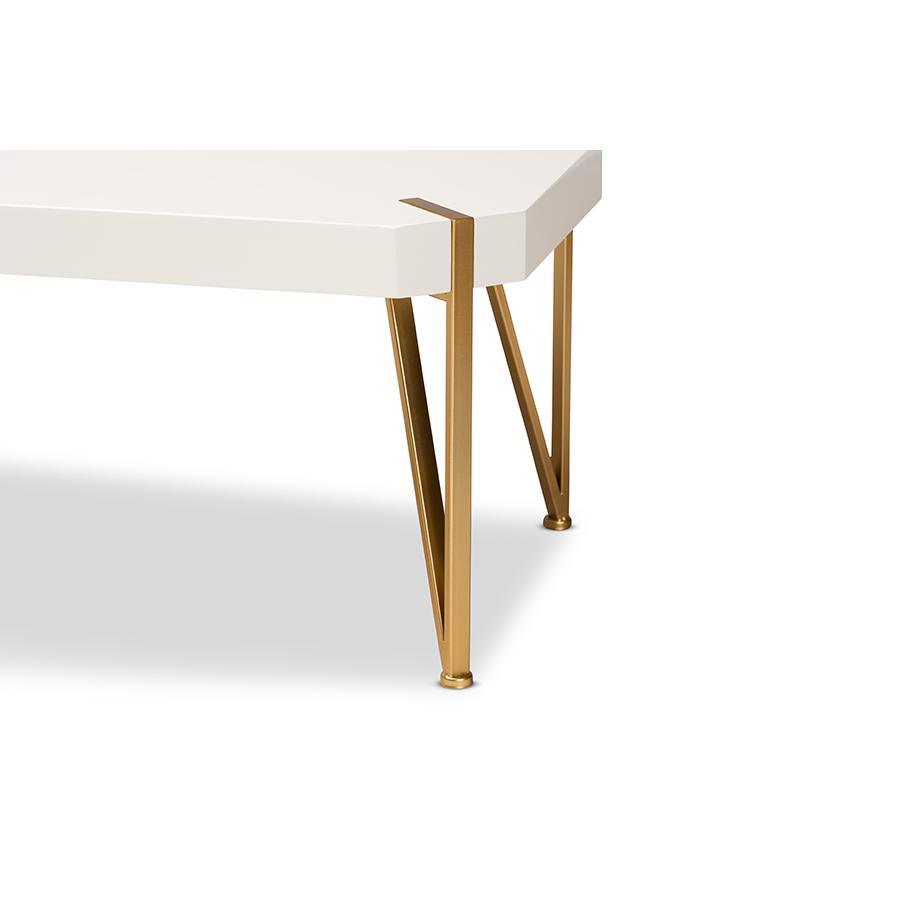 Glam and Luxe Brushed Gold Metal and White Finished Wood Coffee Table. Picture 5