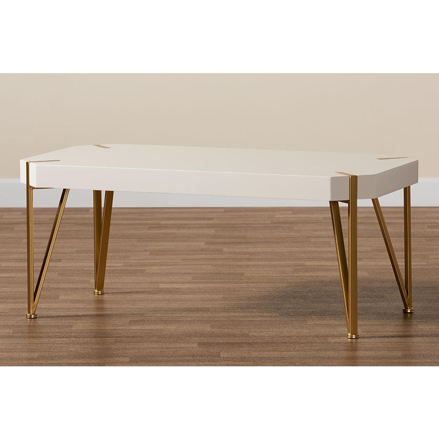 Glam and Luxe Brushed Gold Metal and White Finished Wood Coffee Table. Picture 7