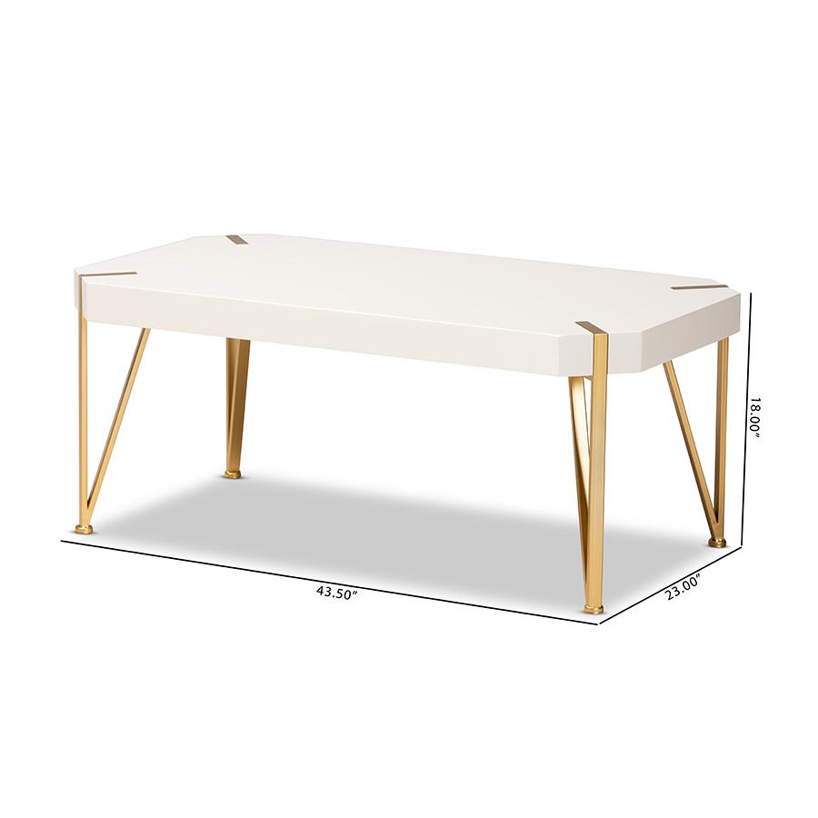 Glam and Luxe Brushed Gold Metal and White Finished Wood Coffee Table. Picture 8