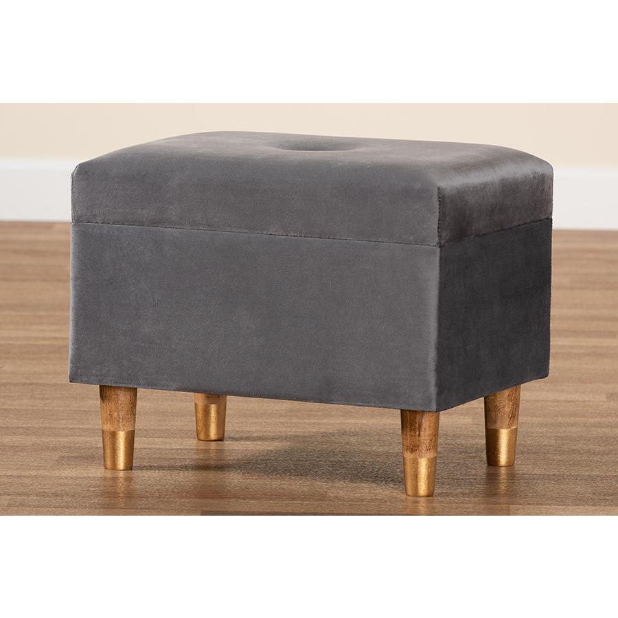 Grey Velvet Fabric Upholstered and Oak Brown Finished Wood Storage Ottoman. Picture 10