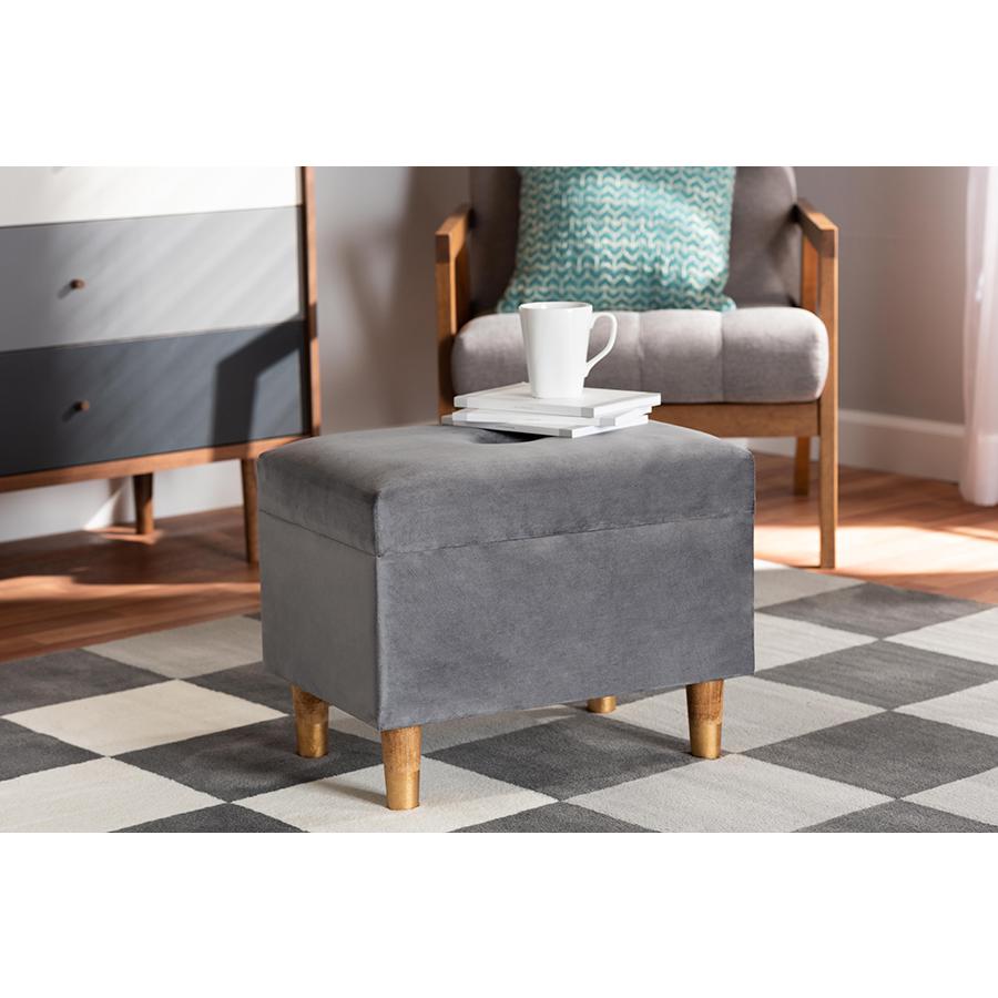 Grey Velvet Fabric Upholstered and Oak Brown Finished Wood Storage Ottoman. Picture 8