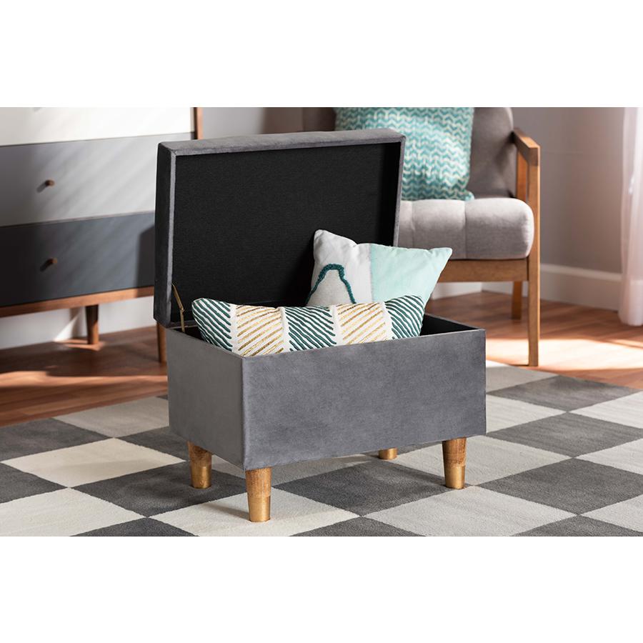 Grey Velvet Fabric Upholstered and Oak Brown Finished Wood Storage Ottoman. Picture 9