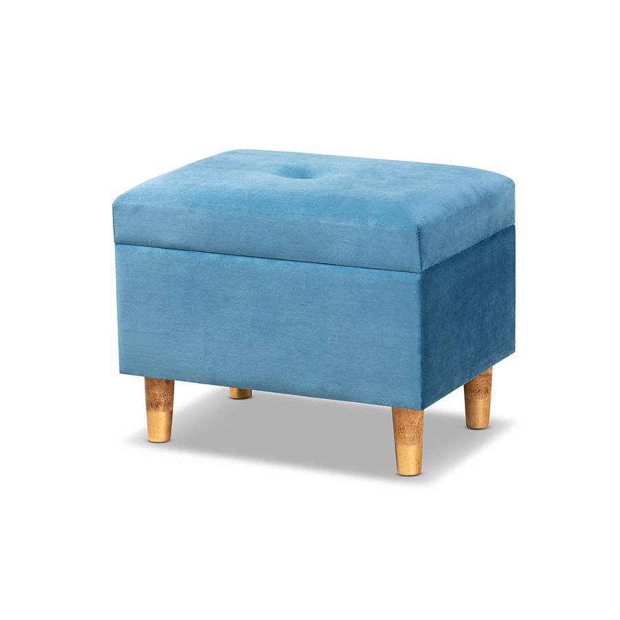 Sky Blue Velvet Fabric Upholstered and Oak Brown Finished Wood Storage Ottoman. Picture 1