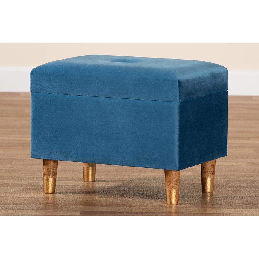 Sky Blue Velvet Fabric Upholstered and Oak Brown Finished Wood Storage Ottoman. Picture 10