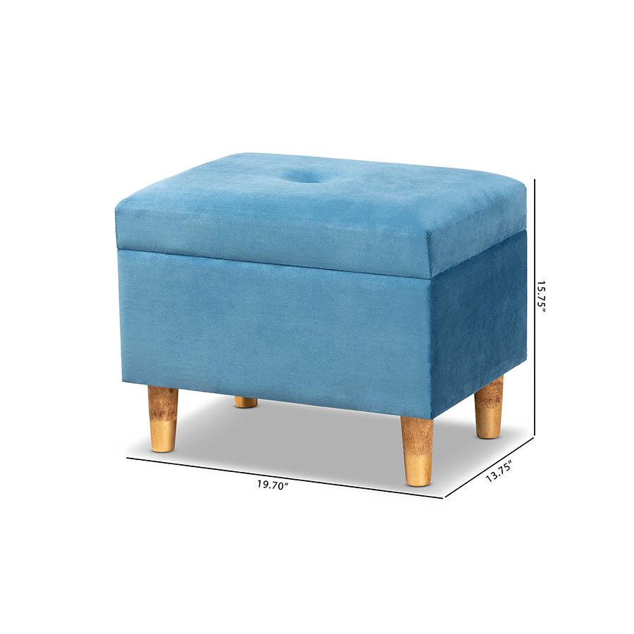 Sky Blue Velvet Fabric Upholstered and Oak Brown Finished Wood Storage Ottoman. Picture 11
