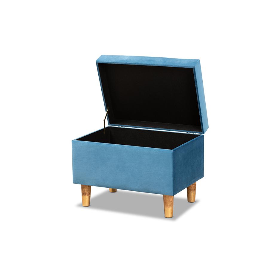 Sky Blue Velvet Fabric Upholstered and Oak Brown Finished Wood Storage Ottoman. Picture 2