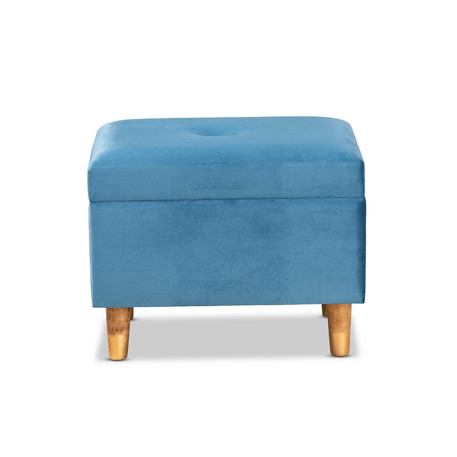 Sky Blue Velvet Fabric Upholstered and Oak Brown Finished Wood Storage Ottoman. Picture 3
