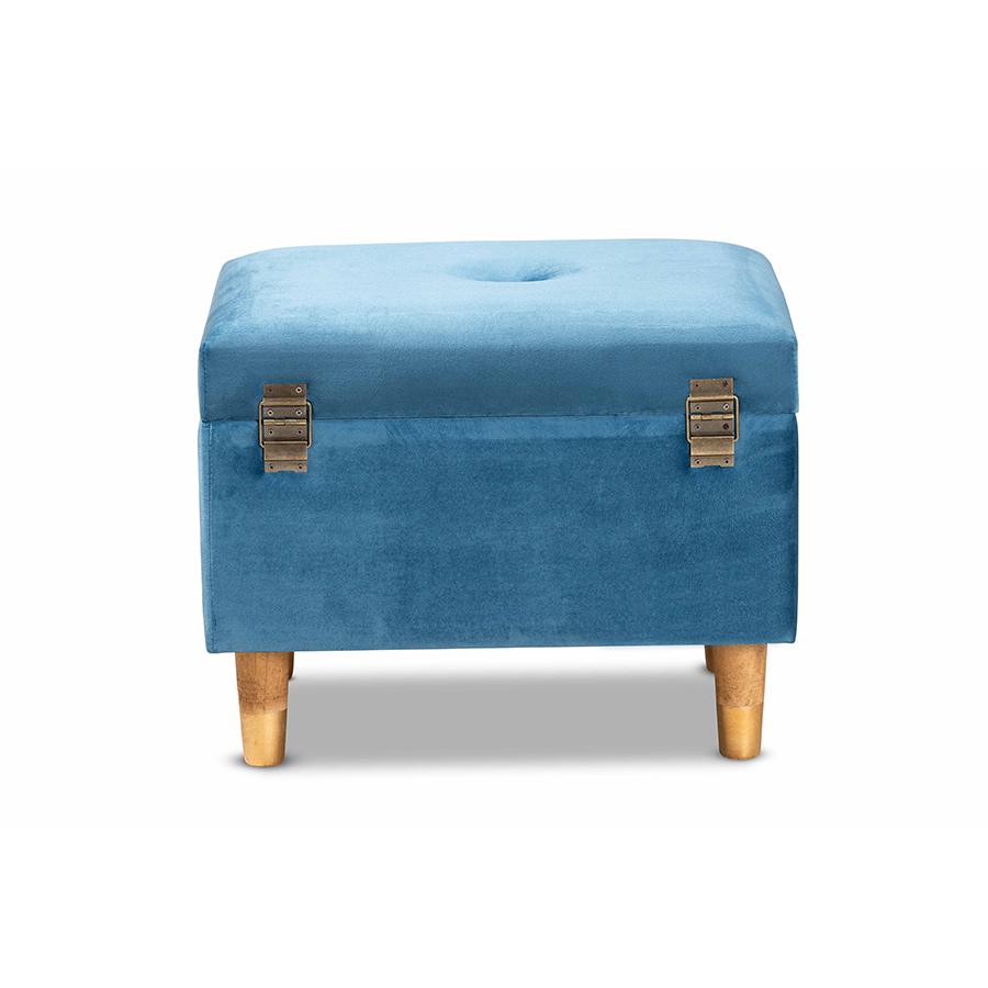 Sky Blue Velvet Fabric Upholstered and Oak Brown Finished Wood Storage Ottoman. Picture 5