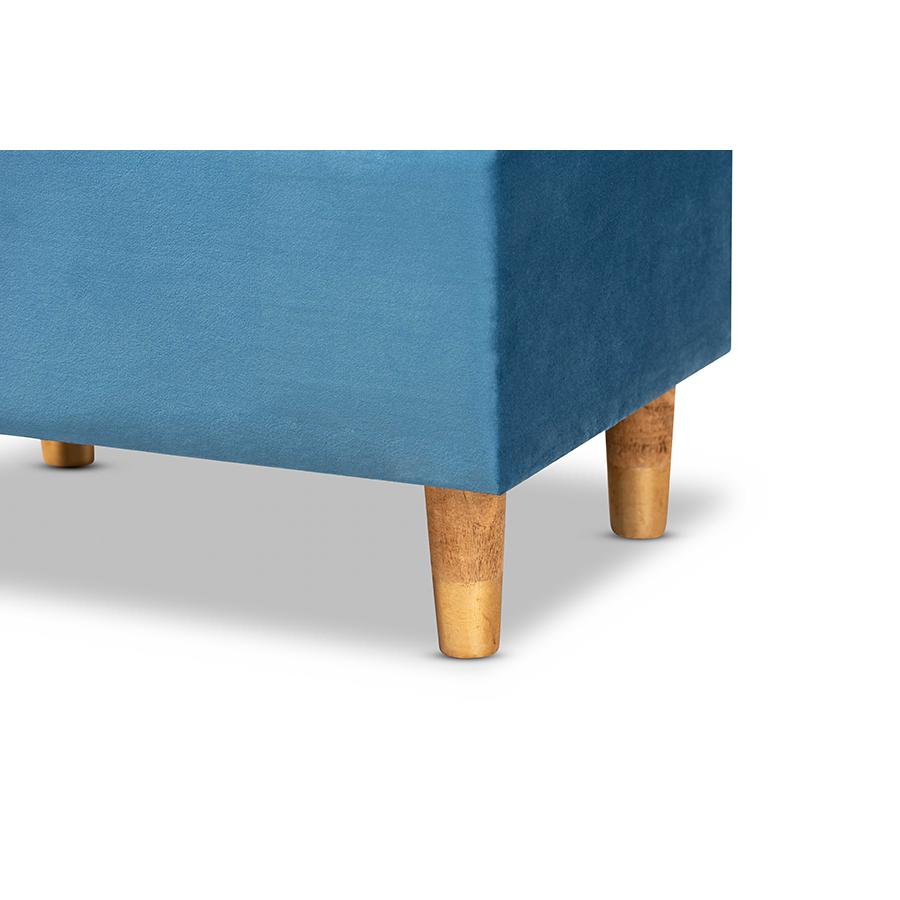 Sky Blue Velvet Fabric Upholstered and Oak Brown Finished Wood Storage Ottoman. Picture 7