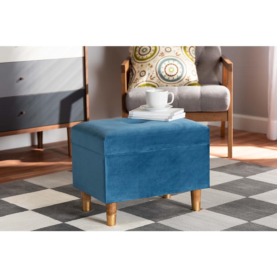 Sky Blue Velvet Fabric Upholstered and Oak Brown Finished Wood Storage Ottoman. Picture 8