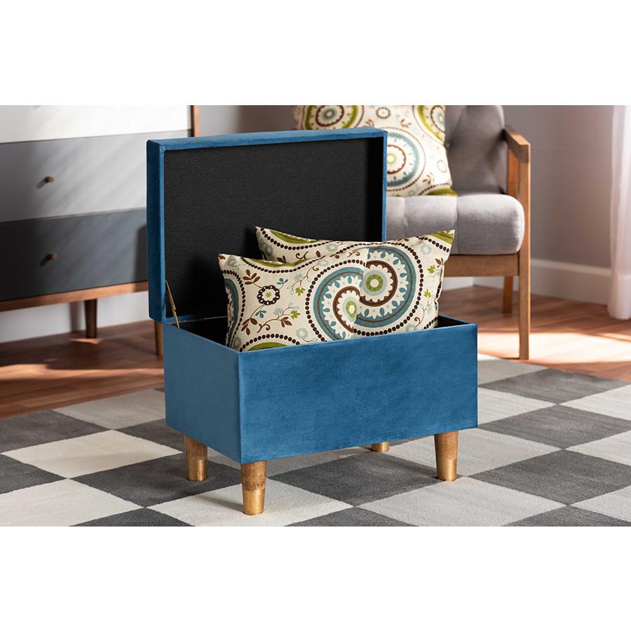 Sky Blue Velvet Fabric Upholstered and Oak Brown Finished Wood Storage Ottoman. Picture 9