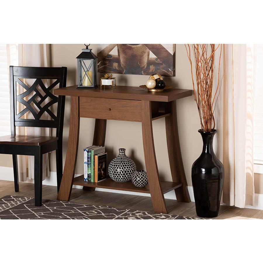 Herman Modern and Contemporary Walnut Brown Finished Wood 1-Drawer Console Table. Picture 8