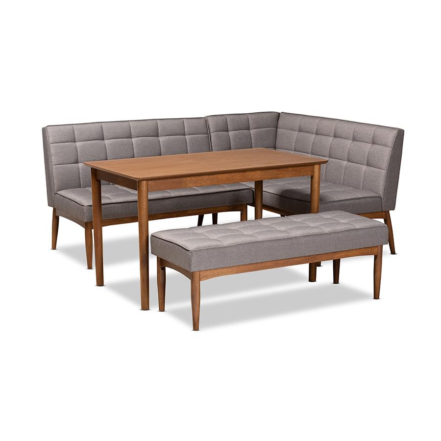 Grey Fabric Upholstered and Walnut Brown Finished Wood 4-Piece Dining Nook Set. Picture 1