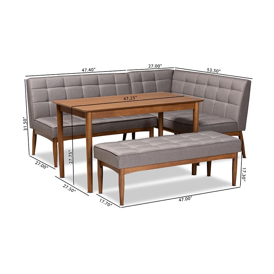 Grey Fabric Upholstered and Walnut Brown Finished Wood 4-Piece Dining Nook Set. Picture 11