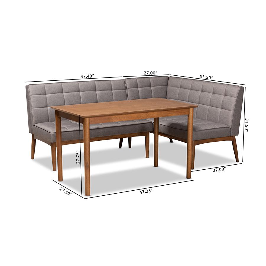 Grey Fabric Upholstered and Walnut Brown Finished Wood 3-Piece Dining Nook Set. Picture 10