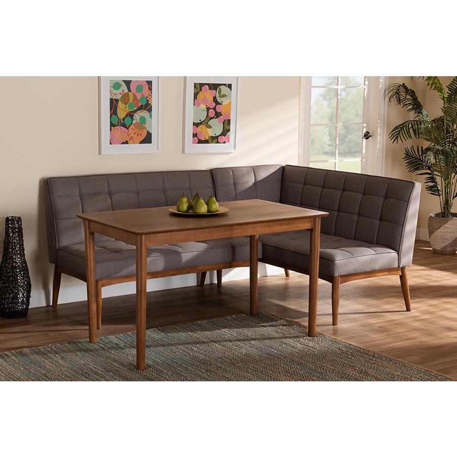 Grey Fabric Upholstered and Walnut Brown Finished Wood 3-Piece Dining Nook Set. Picture 8