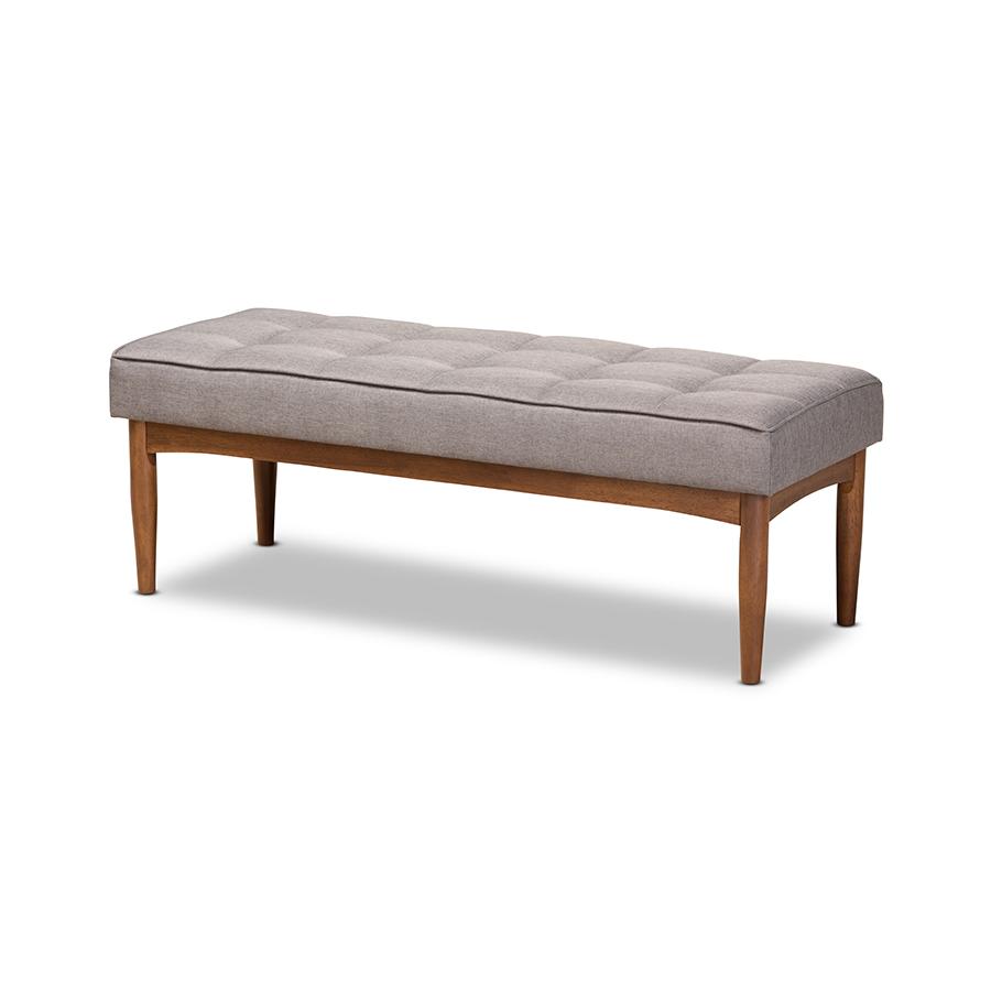 Grey Fabric Upholstered and Walnut Brown Finished Wood Dining Bench. Picture 1