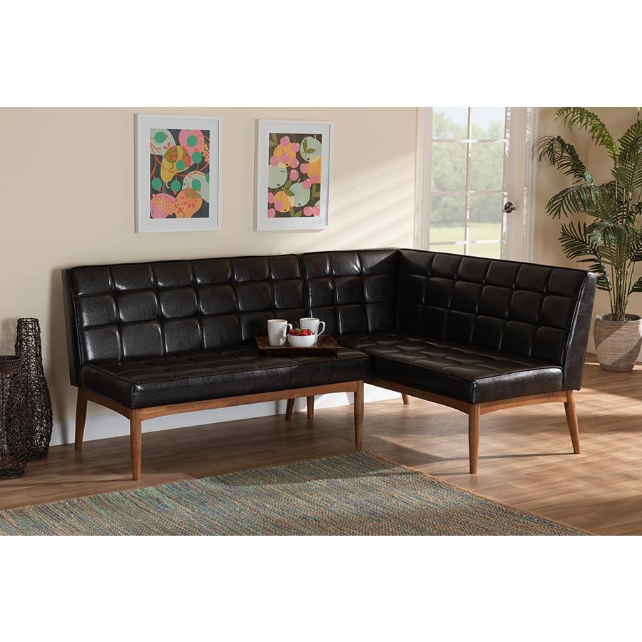 Leather Upholstered Walnut Brown Finished Wood 2-Piece Dining Nook Banquette Set. Picture 6