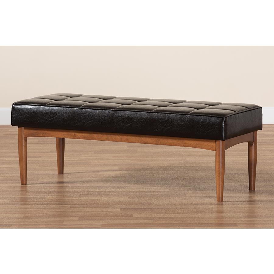 Leather Upholstered and Walnut Brown Finished Wood Dining Bench. Picture 7