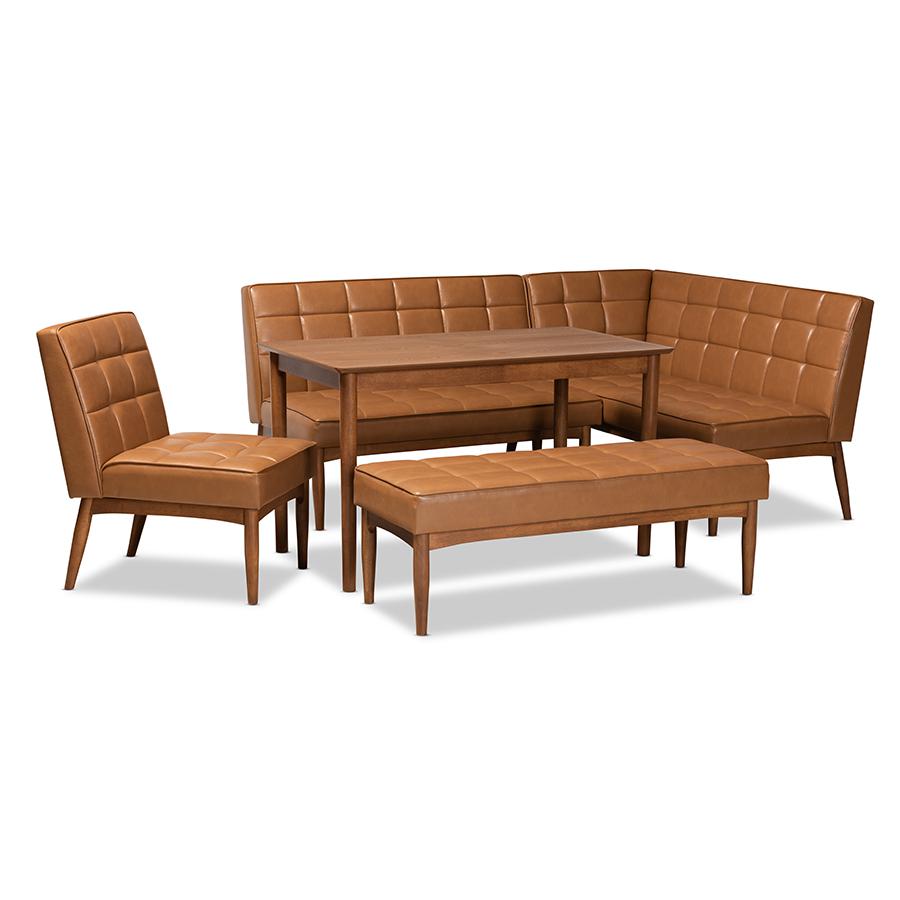 Leather Upholstered and Walnut Brown Finished Wood 5-Piece Dining Nook Set. Picture 1