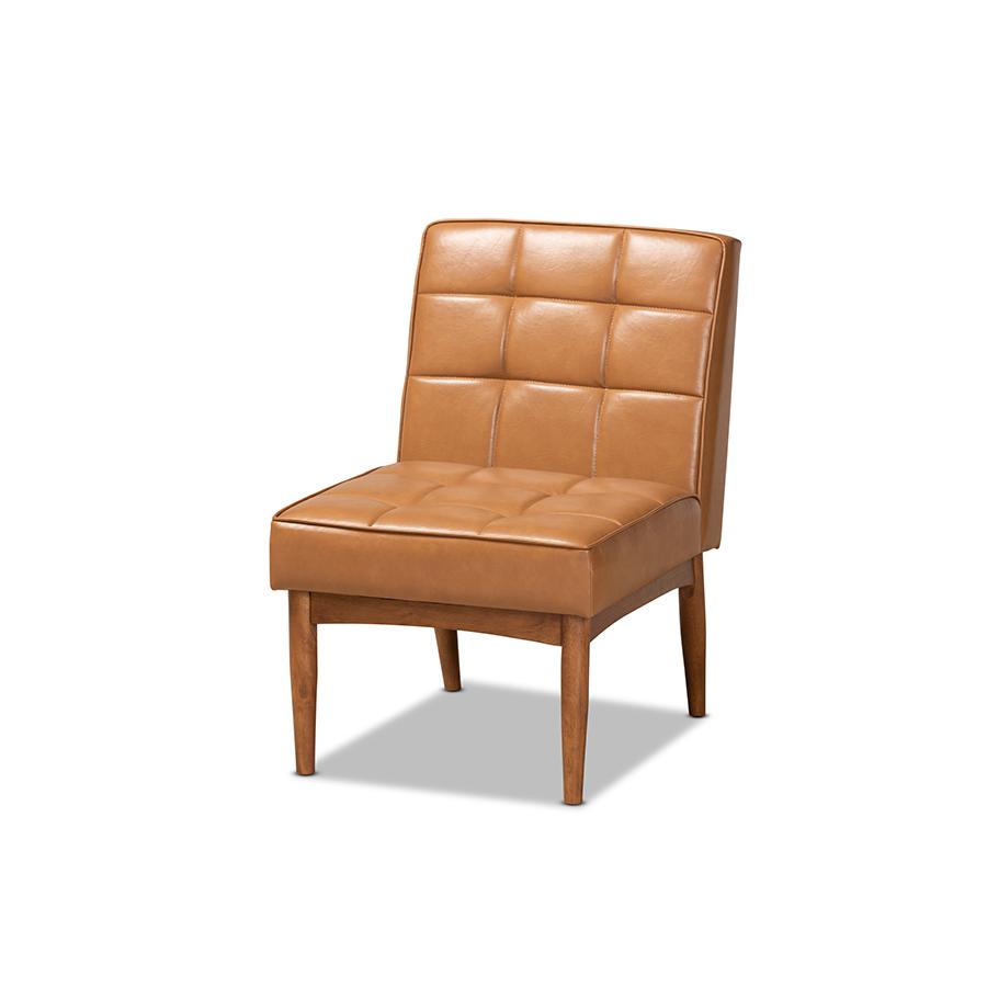 Baxton Studio Sanford Mid-Century Modern Tan Faux Leather Upholstered and Walnut Brown Finished Wood Dining Chair. The main picture.
