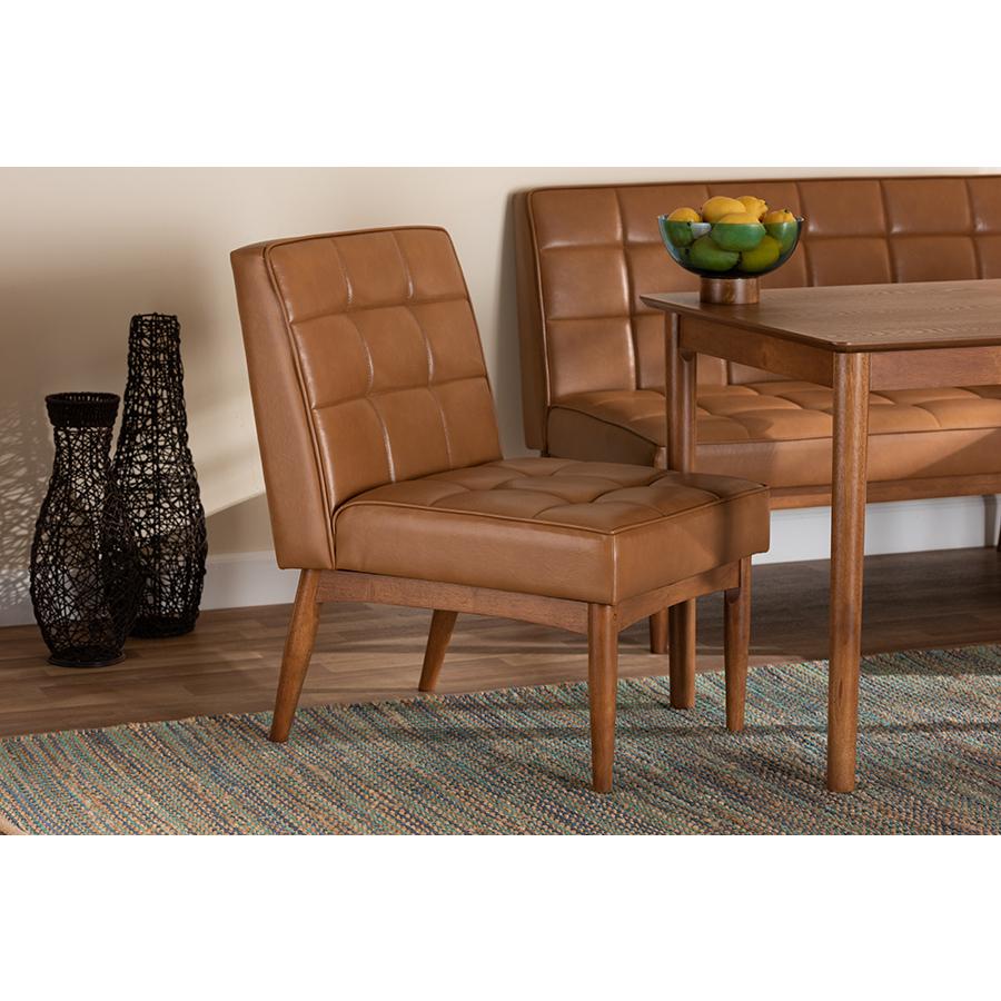 Baxton Studio Sanford Mid-Century Modern Tan Faux Leather Upholstered and Walnut Brown Finished Wood Dining Chair. Picture 7