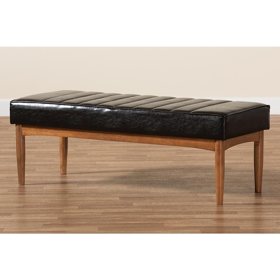 Leather Upholstered and Walnut Brown Finished Wood Dining Bench. Picture 6