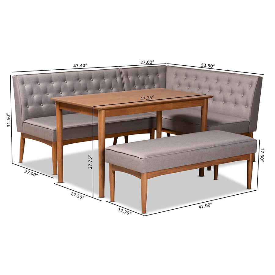 Grey Fabric Upholstered and Walnut Brown Finished Wood 4-Piece Dining Nook Set. Picture 11