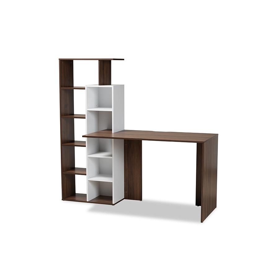 Rowan Modern and Contemporary Two-Tone White and Walnut Brown Finished Wood Storage Computer Desk with Shelves. Picture 1