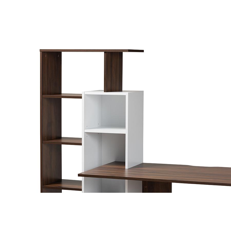 Rowan Modern and Contemporary Two-Tone White and Walnut Brown Finished Wood Storage Computer Desk with Shelves. Picture 5