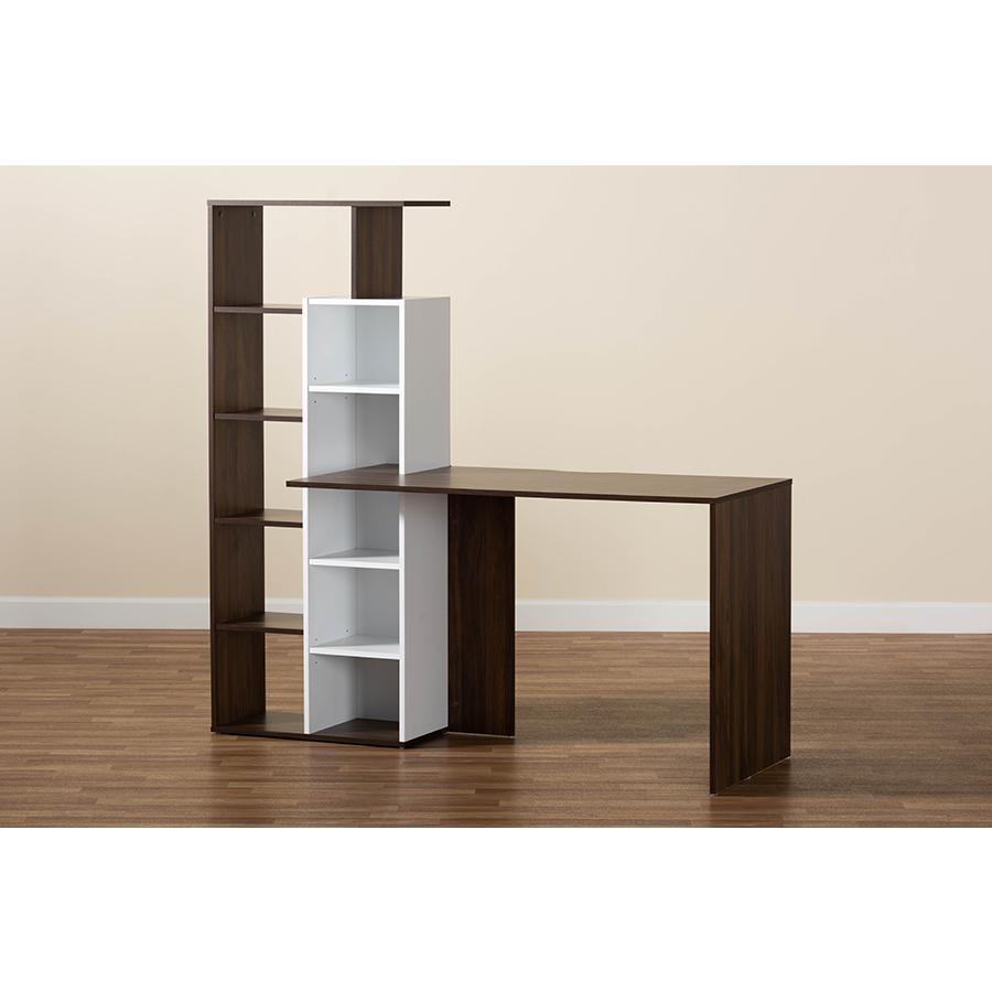 Rowan Modern and Contemporary Two-Tone White and Walnut Brown Finished Wood Storage Computer Desk with Shelves. Picture 6