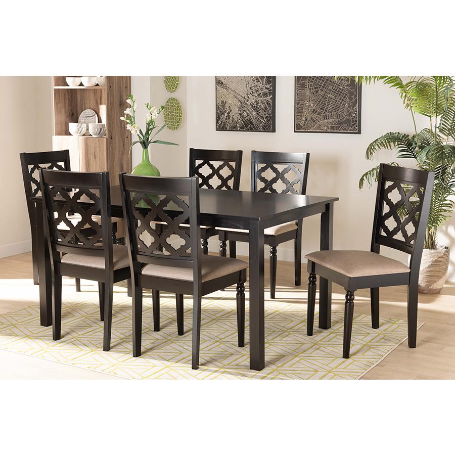 Sand Fabric Upholstered and Dark Brown Finished Wood 7-Piece Dining Set. Picture 7