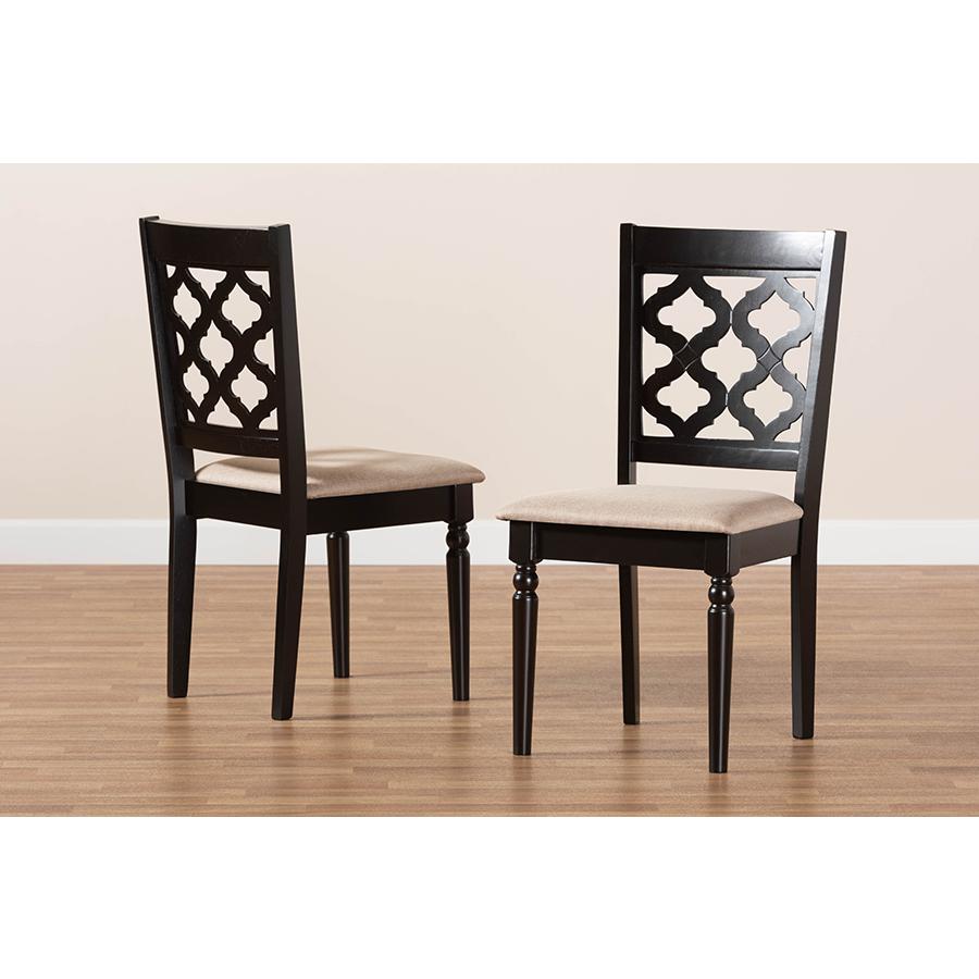 Sand Fabric Upholstered and Dark Brown Finished Wood 2-Piece Dining Chair Set. Picture 7