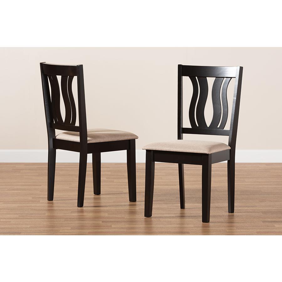 Sand Fabric Upholstered and Dark Brown Finished Wood 2-Piece Dining Chair Set. Picture 7