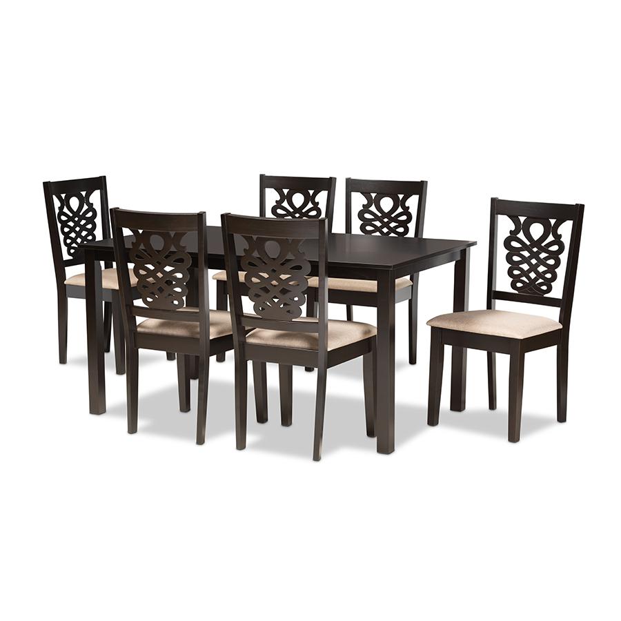 Sand Fabric Upholstered and Dark Brown Finished Wood 7-Piece Dining Set. Picture 1