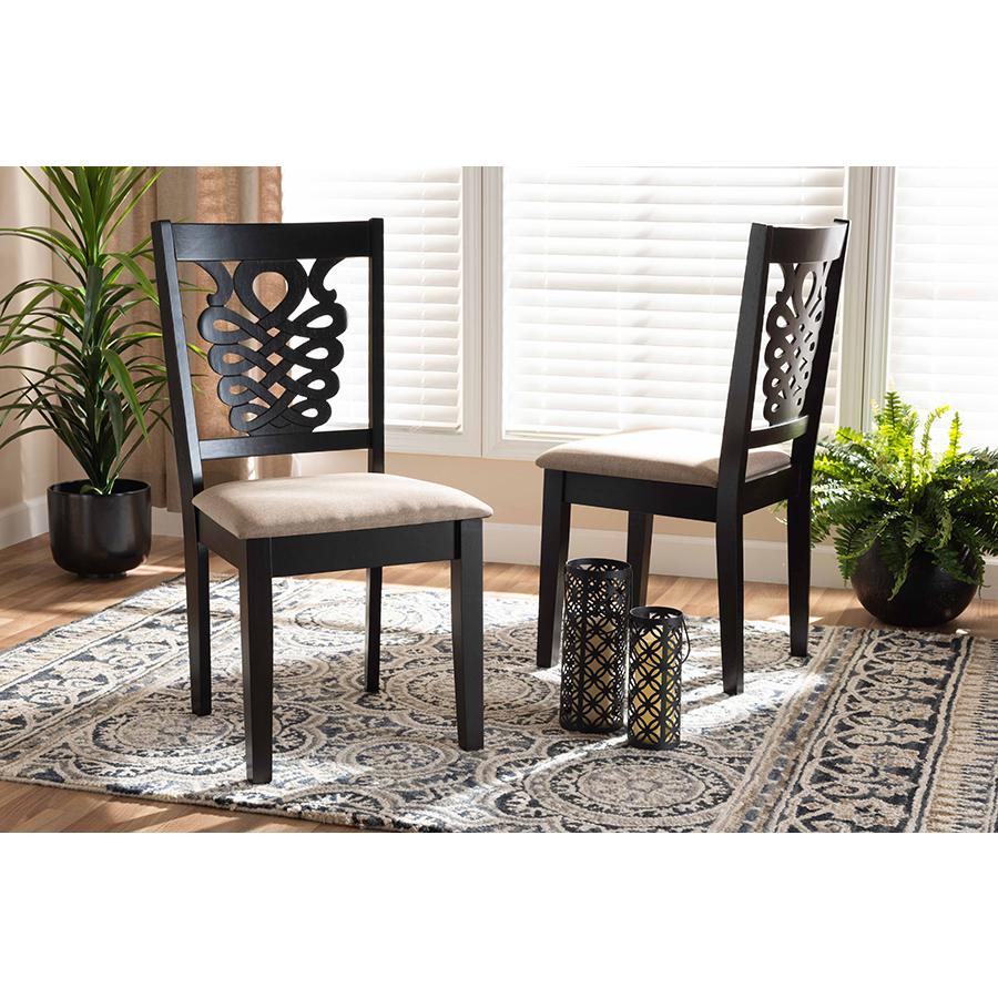 Sand Fabric Upholstered and Dark Brown Finished Wood 2-Piece Dining Chair Set. Picture 6