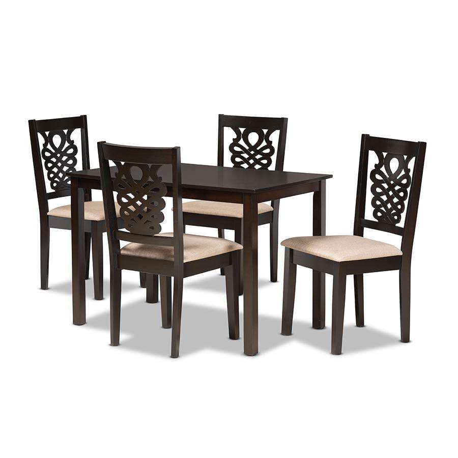 Sand Fabric Upholstered and Dark Brown Finished Wood 5-Piece Dining Set. Picture 1