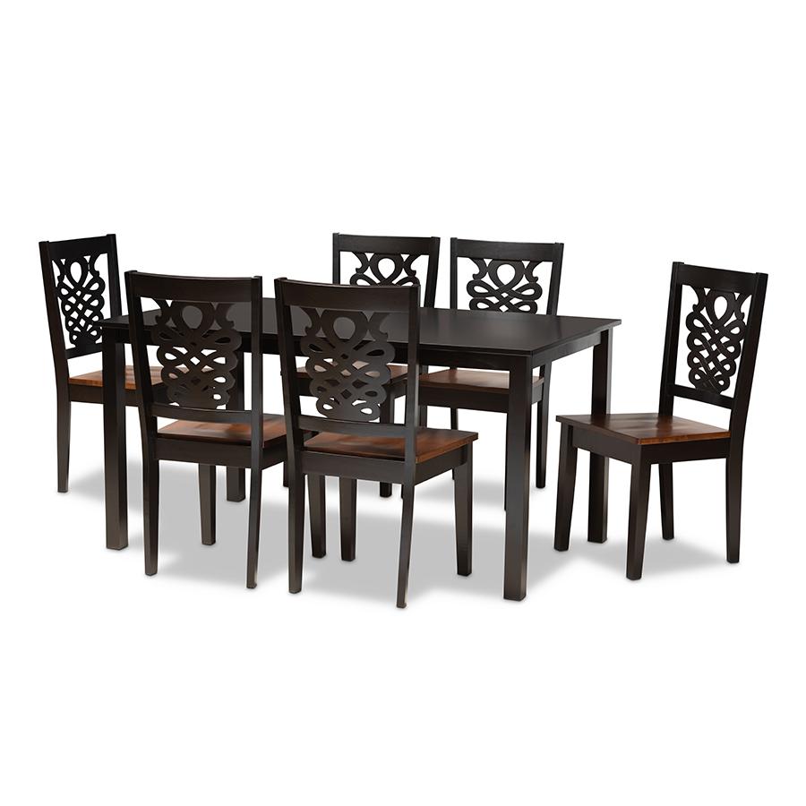 Two-Tone Dark Brown and Walnut Brown Finished Wood 7-Piece Dining Set. Picture 1