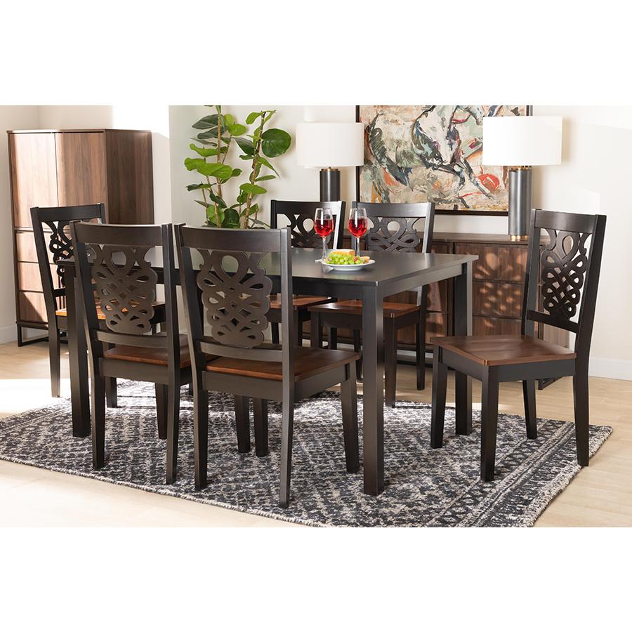 Two-Tone Dark Brown and Walnut Brown Finished Wood 7-Piece Dining Set. Picture 7