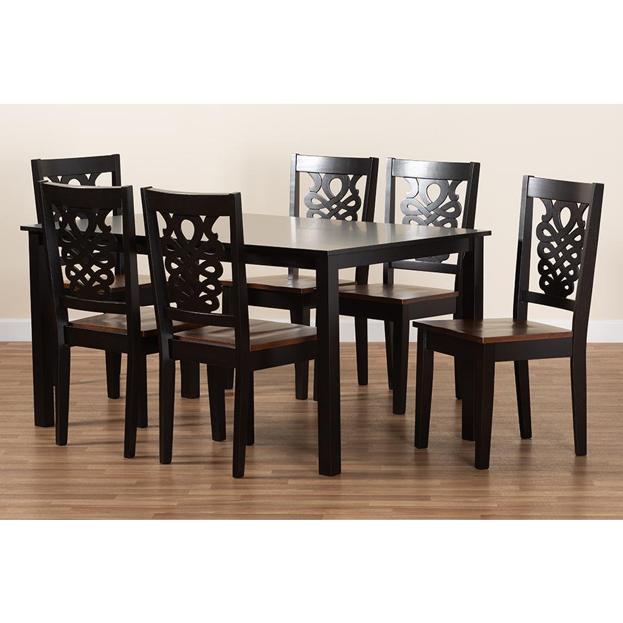 Two-Tone Dark Brown and Walnut Brown Finished Wood 7-Piece Dining Set. Picture 8