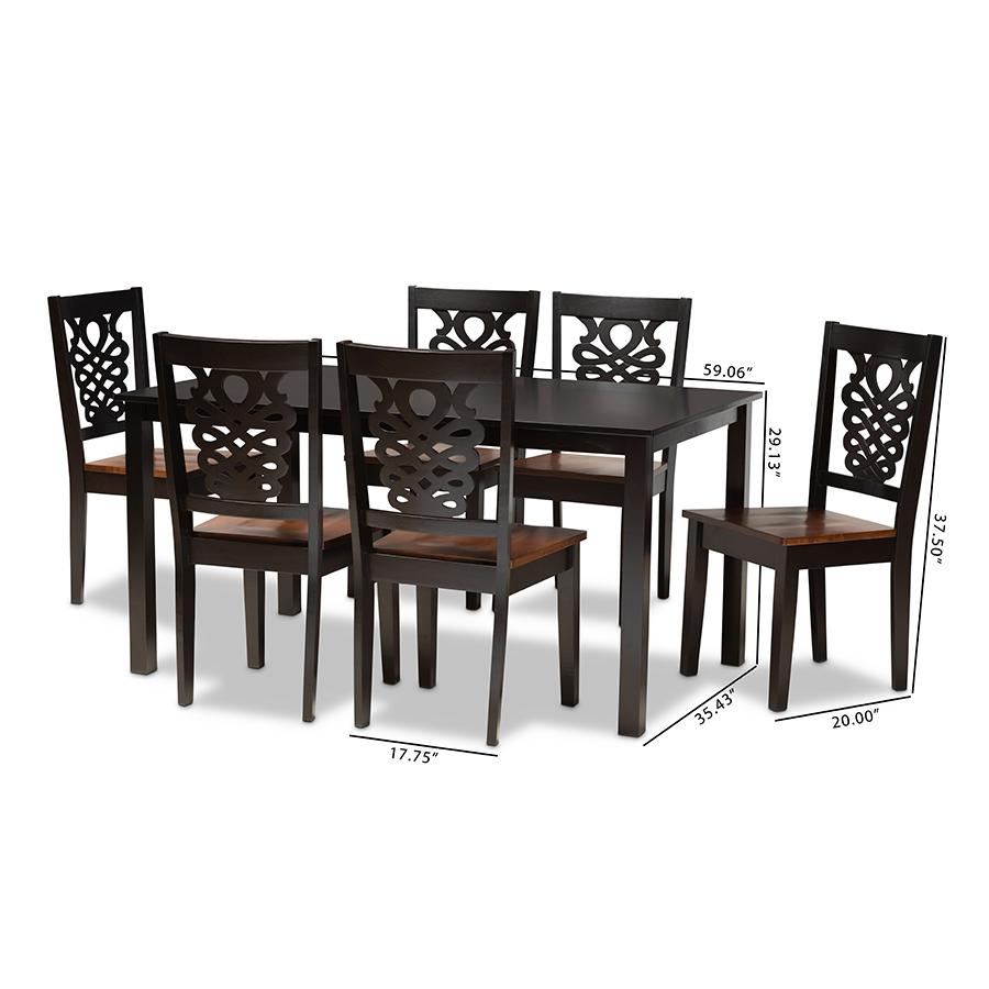 Two-Tone Dark Brown and Walnut Brown Finished Wood 7-Piece Dining Set. Picture 9