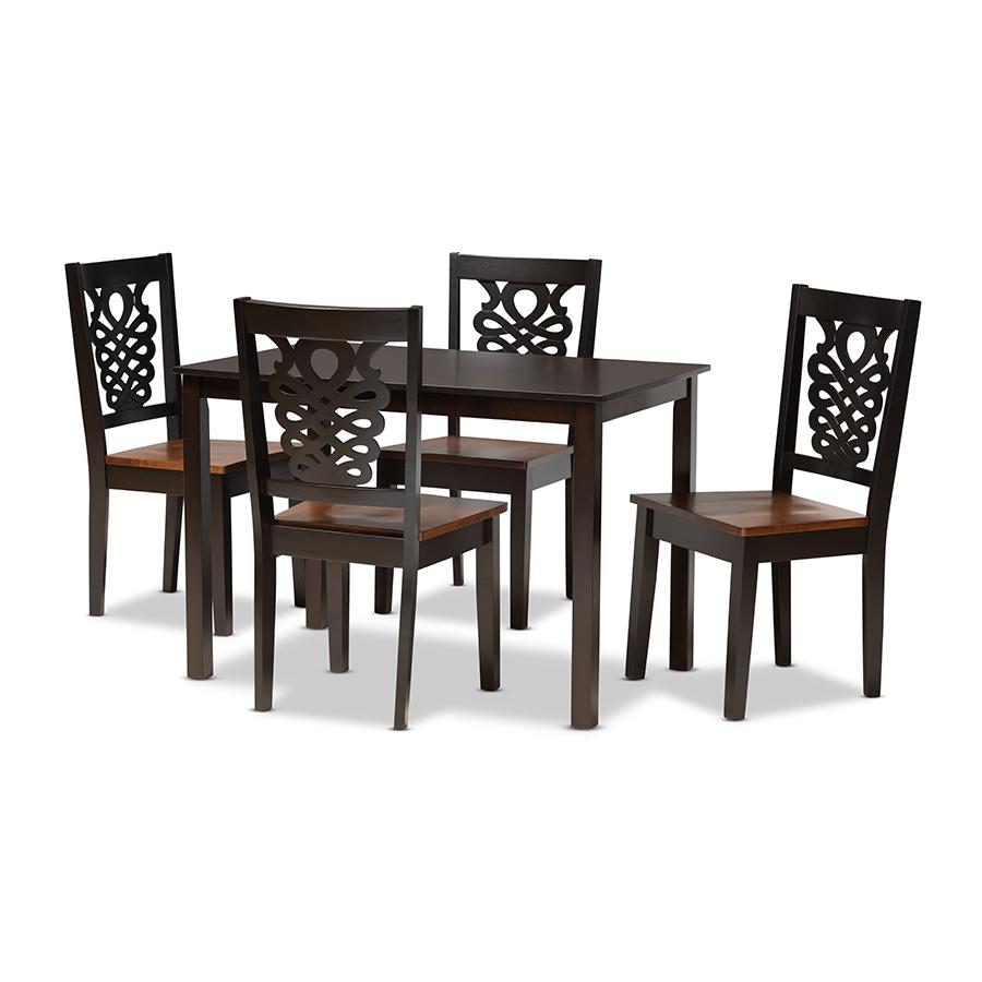 Two-Tone Dark Brown and Walnut Brown Finished Wood 5-Piece Dining Set. Picture 1