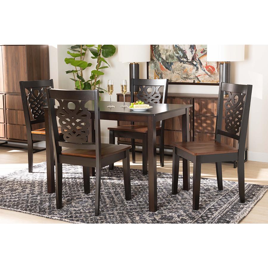 Two-Tone Dark Brown and Walnut Brown Finished Wood 5-Piece Dining Set. Picture 7