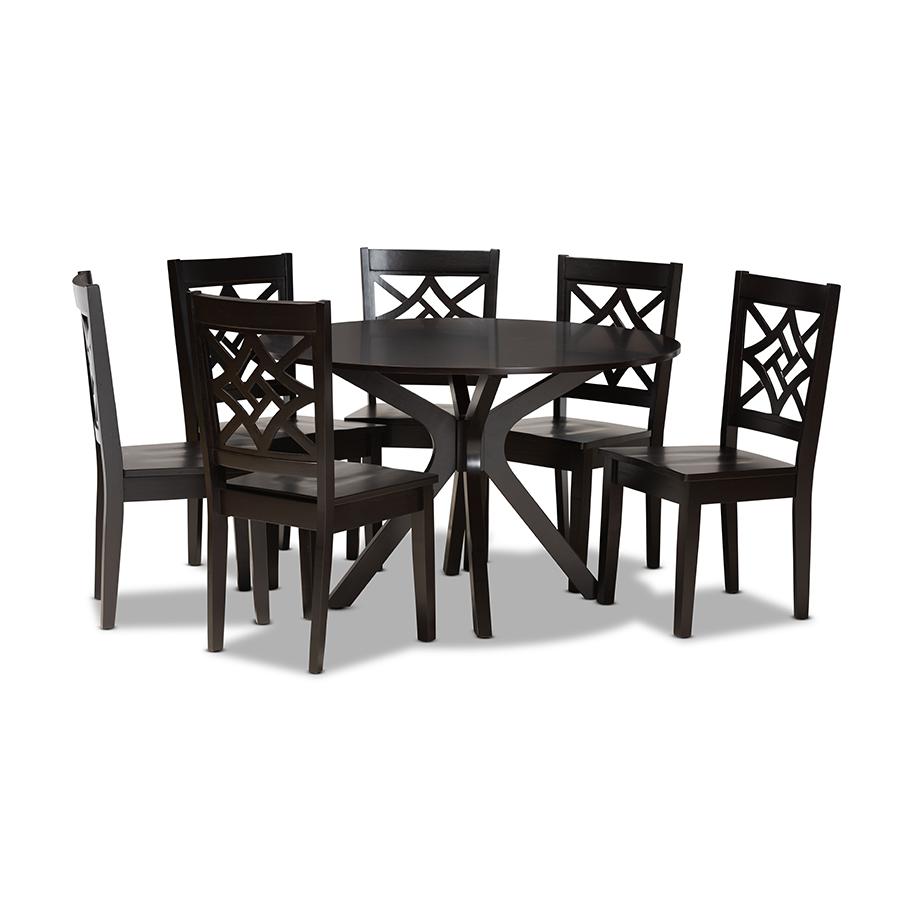 Miela Modern and Contemporary Dark Brown Finished Wood 7-Piece Dining Set. Picture 1