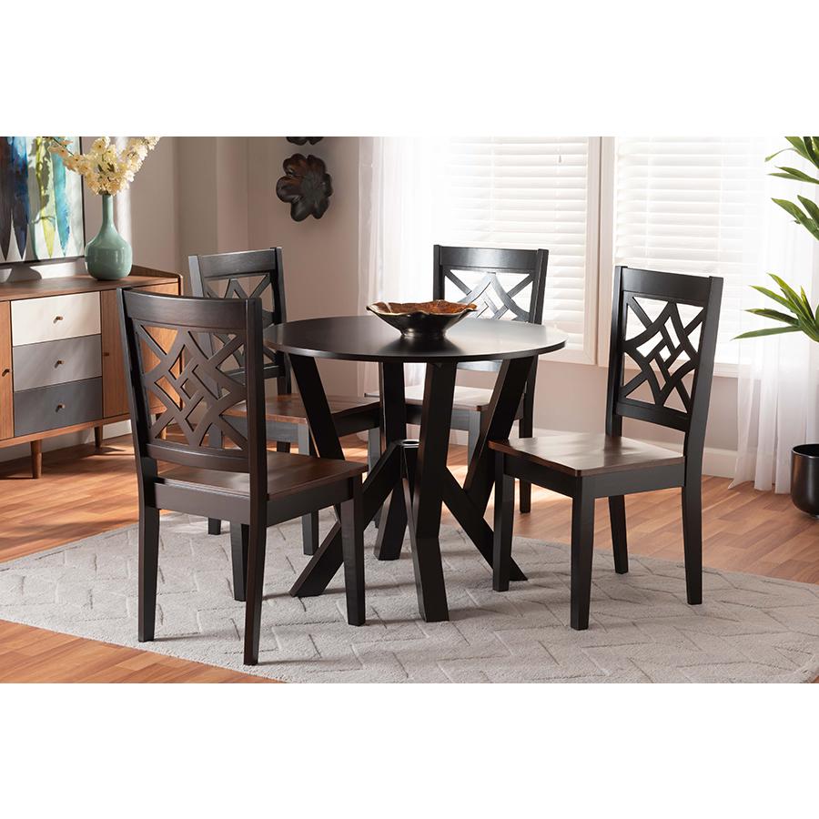 Kaila Modern and Contemporary Two-Tone Dark Brown and Walnut Brown Finished Wood 5-Piece Dining Set. Picture 7