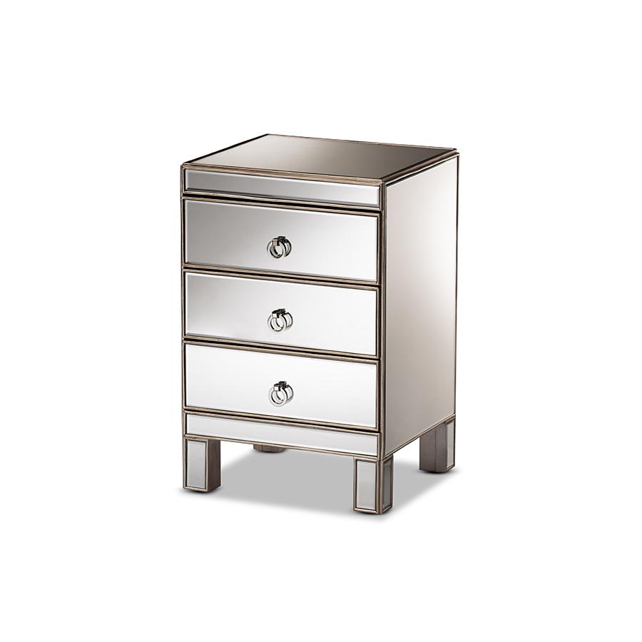Ewan Contemporary Glam and Luxe Mirrored 3-Drawer Nightstand. Picture 1